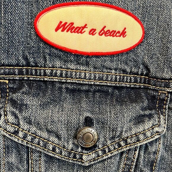 AMERICAN EAGLE Denim Jean Jacket Women's Large Blue Patches Boyfriend Trucker - Picture 6 of 16